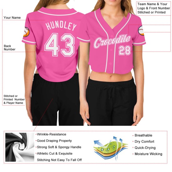 Maillot de baseball court à col en V rose personnalisé blanc pour femme Maillot de baseball court à col en V rose personnalisé blanc pour femme