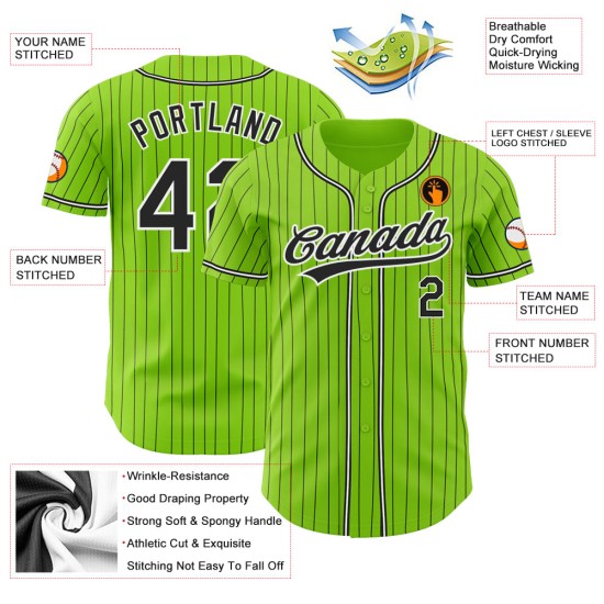 Maillot de baseball noir et blanc personnalisé à rayures fines, vert fluo et noir Maillot de baseball noir et blanc personnalisé à rayures fines, vert fluo et noir