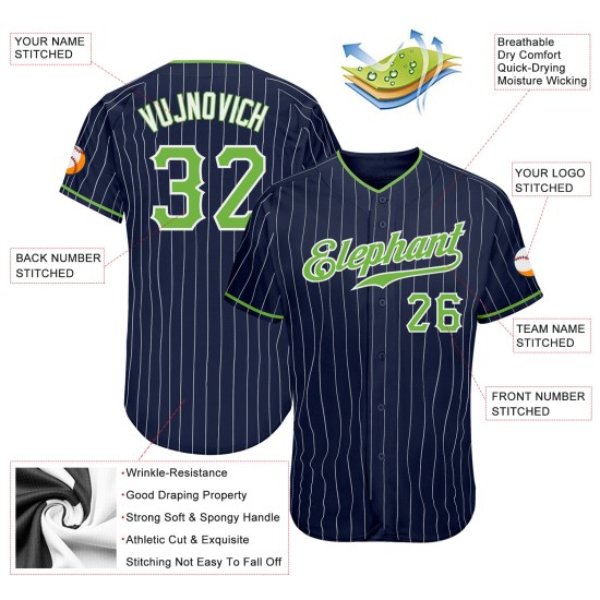 Maillot de baseball authentique bleu marine fluo à rayures blanches, vert et blanc, personnalisé Maillot de baseball authentique bleu marine fluo à rayures blanches, vert et blanc, personnalisé