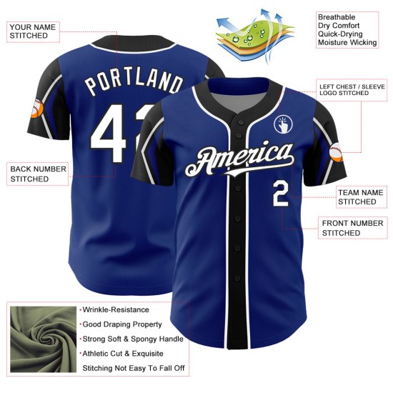 Maillot de baseball 3 formes, couleurs personnalisées Royal Arm, blanc et noir, authentique Maillot de baseball 3 formes, couleurs personnalisées Royal Arm, blanc et noir, authentique