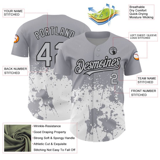 Maillot abstrait authentique noir et blanc motif éclaboussure grunge baseball design gris art personnalisé 3D Maillot abstrait authentique noir et blanc motif éclaboussure grunge baseball design gris art personnalisé 3D