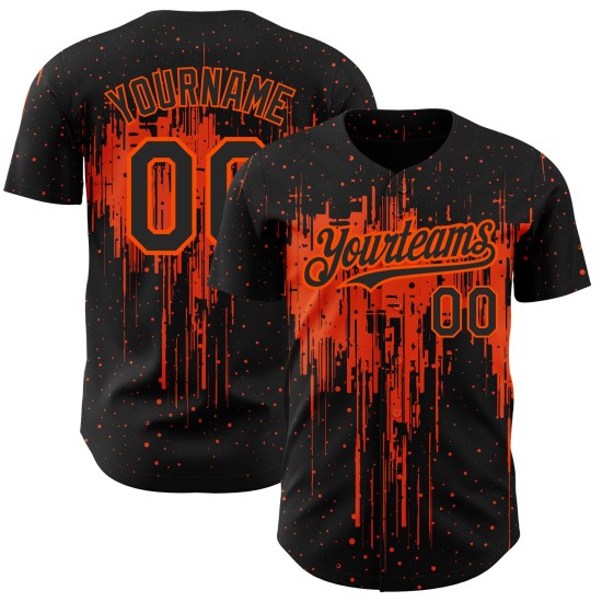 Maillot de baseball orange et noir avec motif éclaboussures 3D dégoulinant, design artistique authentique et personnalisé Maillot de baseball orange et noir avec motif éclaboussures 3D dégoulinant, design artistique authentique et personnalisé