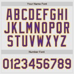 Maillot de baseball à manches raglan authentique, blanc, personnalisé, violet et doré, à fines rayures Maillot de baseball à manches raglan authentique, blanc, personnalisé, violet et doré, à fines rayures