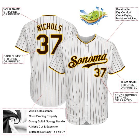 Maillot de baseball à rayures fines personnalisé blanc authentique marron-or Maillot de baseball à rayures fines personnalisé blanc authentique marron-or