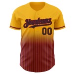 Maillot de baseball personnalisé Fade authentique noir-cramoisi à rayures fines dorées Maillot de baseball personnalisé Fade authentique noir-cramoisi à rayures fines dorées