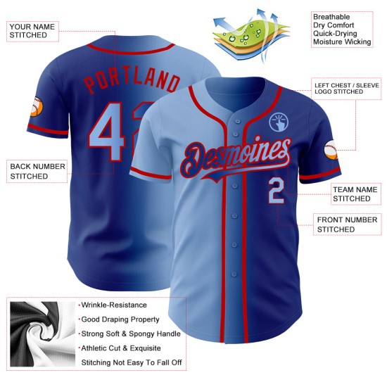 Maillot de baseball personnalisé authentique à la mode, dégradé bleu clair et rouge Maillot de baseball personnalisé authentique à la mode, dégradé bleu clair et rouge