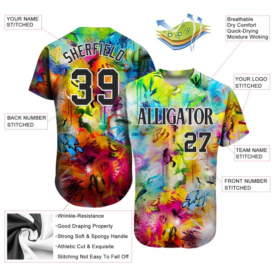 Maillot de baseball noir et blanc à motif authentique graffiti 3D personnalisé Maillot de baseball noir et blanc à motif authentique graffiti 3D personnalisé