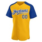 Maillot de baseball personnalisé Gold Authentic à manches raglan bleu royal et blanc Maillot de baseball personnalisé Gold Authentic à manches raglan bleu royal et blanc