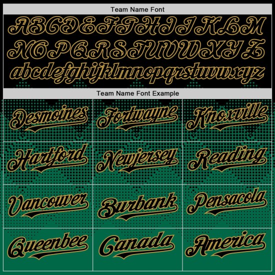 Maillot de baseball 3D dégradé noir vert Kelly - ancien design doré, motif carré personnalisé, formes authentiques Maillot de baseball 3D dégradé noir vert Kelly - ancien design doré, motif carré personnalisé, formes authentiques