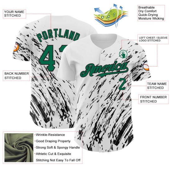Maillot de baseball blanc Kelly personnalisé vert-noir à motif abstrait 3D Splash authentique Maillot de baseball blanc Kelly personnalisé vert-noir à motif abstrait 3D Splash authentique