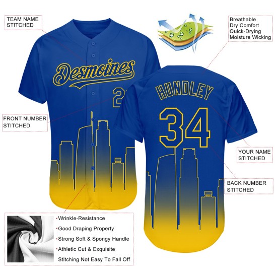 Maillot de baseball Los Angeles Edition jaune délavé authentique City Royal 3D personnalisé Maillot de baseball Los Angeles Edition jaune délavé authentique City Royal 3D personnalisé