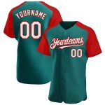Maillot de baseball authentique à manches raglan blanc-rouge et bleu sarcelle Maillot de baseball authentique à manches raglan blanc-rouge et bleu sarcelle
