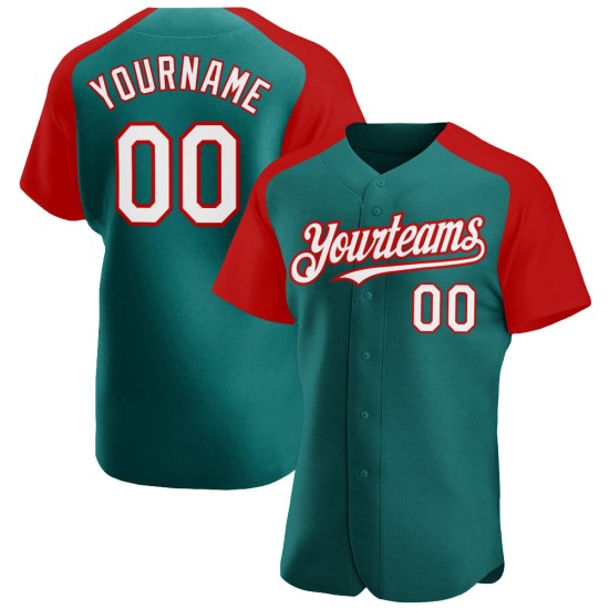 Maillot de baseball authentique à manches raglan blanc-rouge et bleu sarcelle Maillot de baseball authentique à manches raglan blanc-rouge et bleu sarcelle