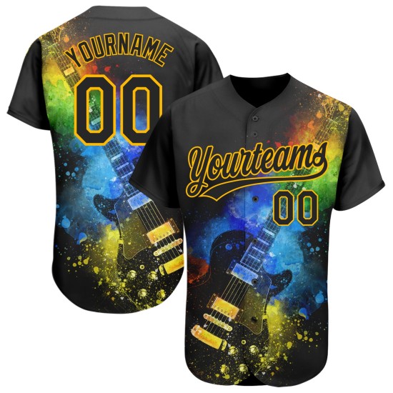 Or Design Baseball Authentique Festival Personnalisé Guitare Musique Couleurs Avec Jersey Psychédélique Noir Motif 3D Or Design Baseball Authentique Festival Personnalisé Guitare Musique Couleurs Avec Jersey Psychédélique Noir Motif 3D