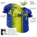 Maillot de baseball bleu fluo dégradé jaune-noir Thunder personnalisé et authentique Maillot de baseball bleu fluo dégradé jaune-noir Thunder personnalisé et authentique