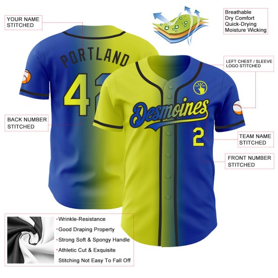 Maillot de baseball bleu fluo dégradé jaune-noir Thunder personnalisé et authentique Maillot de baseball bleu fluo dégradé jaune-noir Thunder personnalisé et authentique