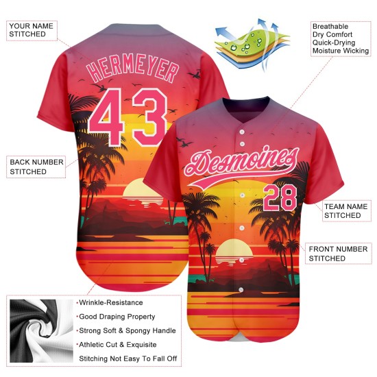 Maillot personnalisé Neon Beach Trees Hawaii White Palm, lever de soleil authentique et motif 3D rose de baseball Maillot personnalisé Neon Beach Trees Hawaii White Palm, lever de soleil authentique et motif 3D rose de baseball