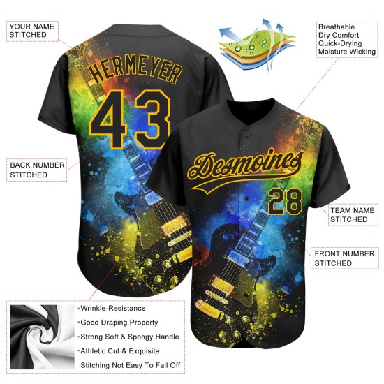 Or Design Baseball Authentique Festival Personnalisé Guitare Musique Couleurs Avec Jersey Psychédélique Noir Motif 3D Or Design Baseball Authentique Festival Personnalisé Guitare Musique Couleurs Avec Jersey Psychédélique Noir Motif 3D
