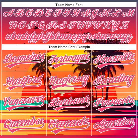 Maillot personnalisé Neon Beach Trees Hawaii White Palm, lever de soleil authentique et motif 3D rose de baseball Maillot personnalisé Neon Beach Trees Hawaii White Palm, lever de soleil authentique et motif 3D rose de baseball