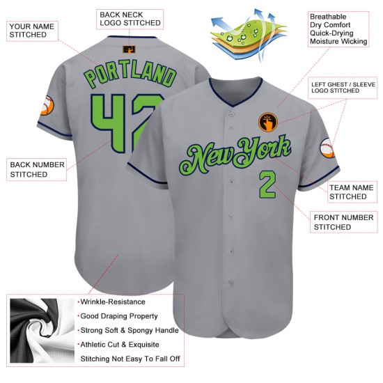 Maillot de baseball authentique vert-bleu marine gris fluo personnalisé Maillot de baseball authentique vert-bleu marine gris fluo personnalisé
