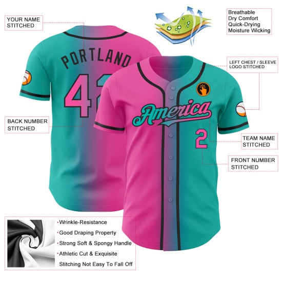 Maillot de baseball authentique dégradé rose-noir Aqua personnalisé Maillot de baseball authentique dégradé rose-noir Aqua personnalisé