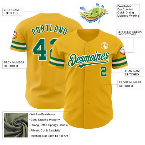 Maillot de baseball personnalisé Kelly Gold vert-blanc authentique Maillot de baseball personnalisé Kelly Gold vert-blanc authentique