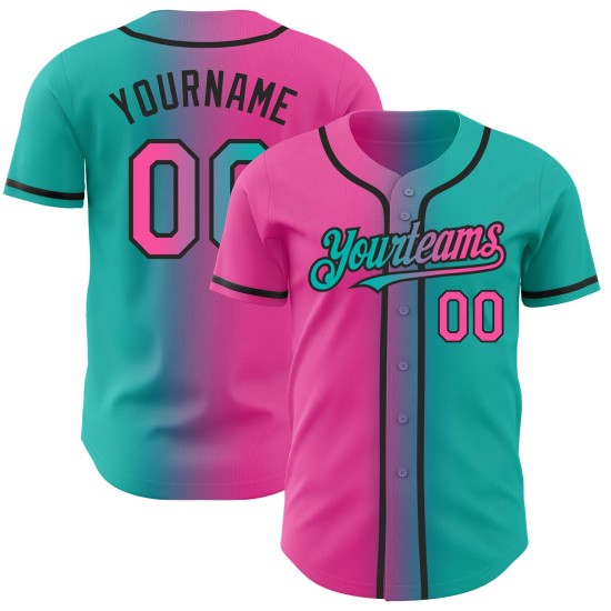 Maillot de baseball authentique dégradé rose-noir Aqua personnalisé Maillot de baseball authentique dégradé rose-noir Aqua personnalisé