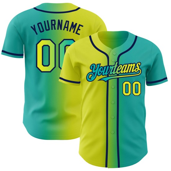 Maillot de baseball authentique dégradé fluo jaune-bleu marine personnalisé Aqua Maillot de baseball authentique dégradé fluo jaune-bleu marine personnalisé Aqua