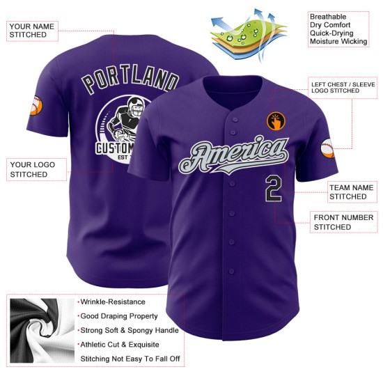 Maillot de baseball noir authentique violet argenté-blanc personnalisé