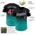 Maillot de baseball dégradé rose-aqua, design néon 3D personnalisé, formes noires authentiques carrées Maillot de baseball dégradé rose-aqua, design néon 3D personnalisé, formes noires authentiques carrées