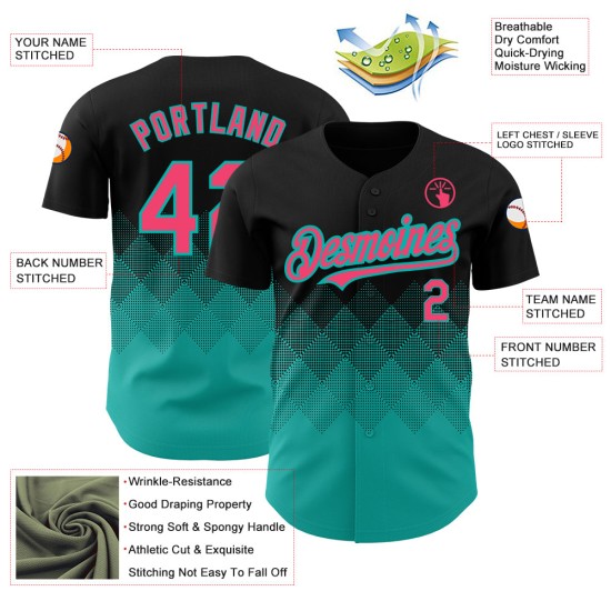 Maillot de baseball dégradé rose-aqua, design néon 3D personnalisé, formes noires authentiques carrées Maillot de baseball dégradé rose-aqua, design néon 3D personnalisé, formes noires authentiques carrées