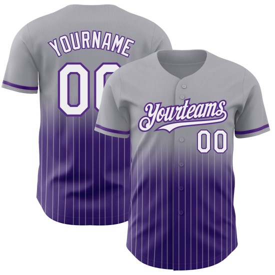 Maillot de baseball gris à rayures fines, personnalisé, mode, dégradé blanc-violet, authentique Maillot de baseball gris à rayures fines, personnalisé, mode, dégradé blanc-violet, authentique