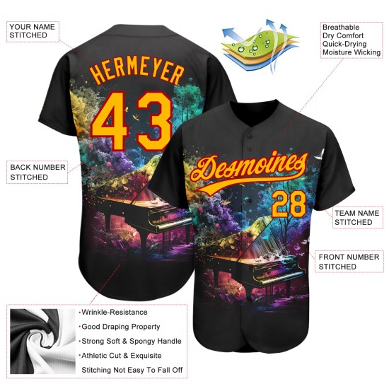 Maillot de baseball 3D personnalisé coloré avec motif noir authentique, motif piano fumé, motif doré et rouge Maillot de baseball 3D personnalisé coloré avec motif noir authentique, motif piano fumé, motif doré et rouge