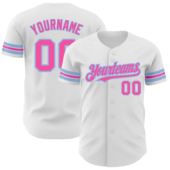Maillot de baseball bleu personnalisé rose-blanc clair authentique Maillot de baseball bleu personnalisé rose-blanc clair authentique