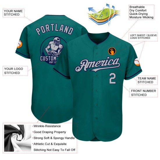 Maillot de baseball authentique gris-bleu marine et bleu sarcelle personnalisé Maillot de baseball authentique gris-bleu marine et bleu sarcelle personnalisé