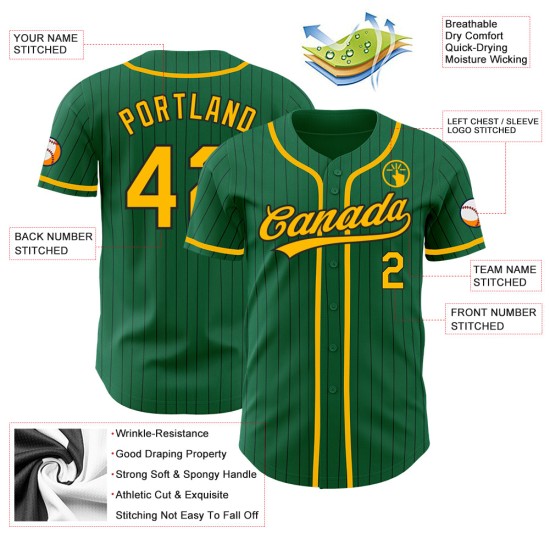 Maillot de baseball authentique à rayures fines, doré, vert Kelly, noir, personnalisé Maillot de baseball authentique à rayures fines, doré, vert Kelly, noir, personnalisé