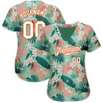 Motif de feuilles personnalisées en jersey authentique de baseball, motif de fleurs 3D blanc-orange et bleu sarcelle Motif de feuilles personnalisées en jersey authentique de baseball, motif de fleurs 3D blanc-orange et bleu sarcelle