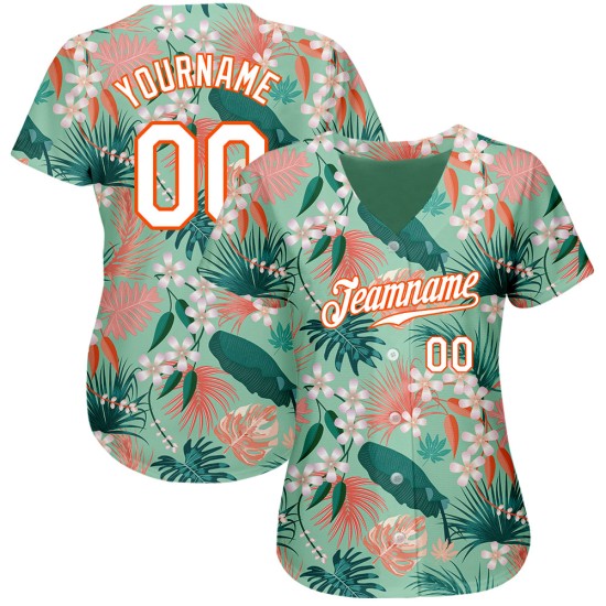 Motif de feuilles personnalisées en jersey authentique de baseball, motif de fleurs 3D blanc-orange et bleu sarcelle Motif de feuilles personnalisées en jersey authentique de baseball, motif de fleurs 3D blanc-orange et bleu sarcelle