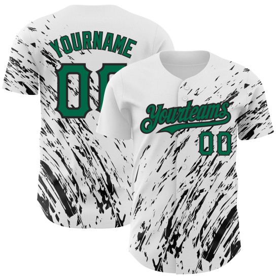 Maillot de baseball blanc Kelly personnalisé vert-noir à motif abstrait 3D Splash authentique Maillot de baseball blanc Kelly personnalisé vert-noir à motif abstrait 3D Splash authentique