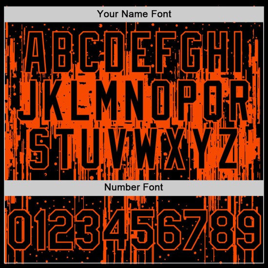 Maillot de baseball orange et noir avec motif éclaboussures 3D dégoulinant, design artistique authentique et personnalisé Maillot de baseball orange et noir avec motif éclaboussures 3D dégoulinant, design artistique authentique et personnalisé