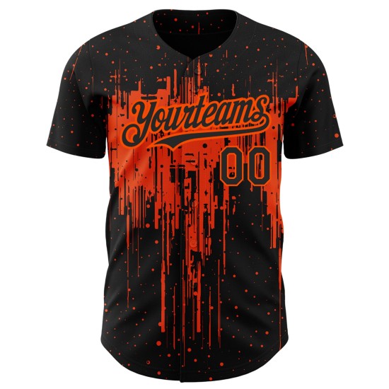 Maillot de baseball orange et noir avec motif éclaboussures 3D dégoulinant, design artistique authentique et personnalisé Maillot de baseball orange et noir avec motif éclaboussures 3D dégoulinant, design artistique authentique et personnalisé