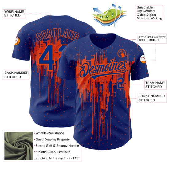 Maillot de baseball 3D orange à motif royal éclaboussé, design authentique et personnalisé Maillot de baseball 3D orange à motif royal éclaboussé, design authentique et personnalisé