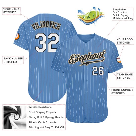 Maillot authentique à rayures dorées bleu clair personnalisé blanc-blanc baseball ancien