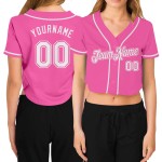 Maillot de baseball court à col en V rose personnalisé blanc pour femme Maillot de baseball court à col en V rose personnalisé blanc pour femme