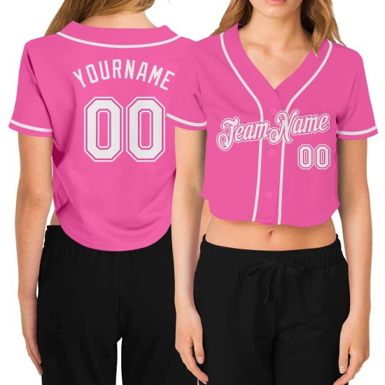 Maillot de baseball court à col en V rose personnalisé blanc pour femme Maillot de baseball court à col en V rose personnalisé blanc pour femme