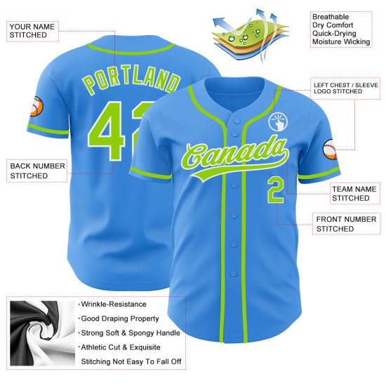 Maillot de baseball bleu électrique authentique et personnalisé vert fluo et blanc Maillot de baseball bleu électrique authentique et personnalisé vert fluo et blanc