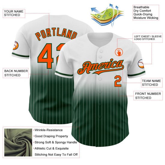 Maillot de baseball orange-vert à rayures fines, authentique, à la mode, dégradé blanc personnalisé Maillot de baseball orange-vert à rayures fines, authentique, à la mode, dégradé blanc personnalisé