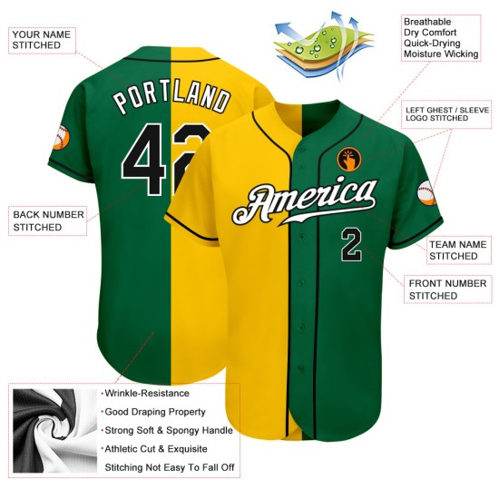 Maillot de baseball fendu Kelly Fashion authentique vert noir-jaune personnalisé Maillot de baseball fendu Kelly Fashion authentique vert noir-jaune personnalisé