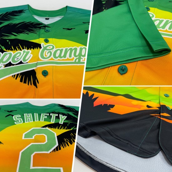 Maillot de baseball vert personnalisé authentique noir et blanc à motif coucher de soleil hawaïen et motif palmier 3D Pea Beach Maillot de baseball vert personnalisé authentique noir et blanc à motif coucher de soleil hawaïen et motif palmier 3D Pea Beach