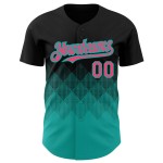 Maillot de baseball dégradé rose-aqua, design néon 3D personnalisé, formes noires authentiques carrées Maillot de baseball dégradé rose-aqua, design néon 3D personnalisé, formes noires authentiques carrées